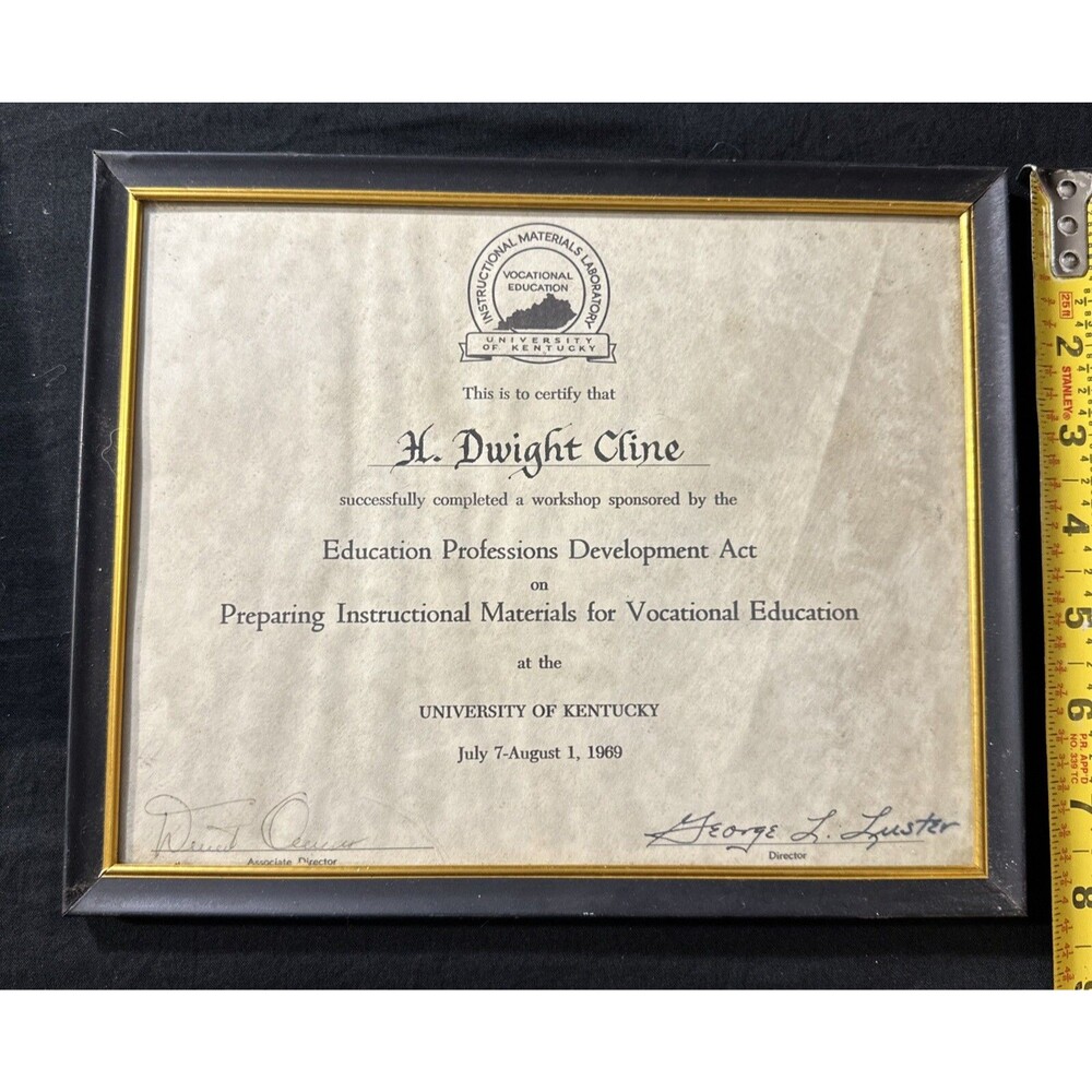 1969 Univ. of Kentucky Vocational Education Workshop Certificate H. Dwight Cline